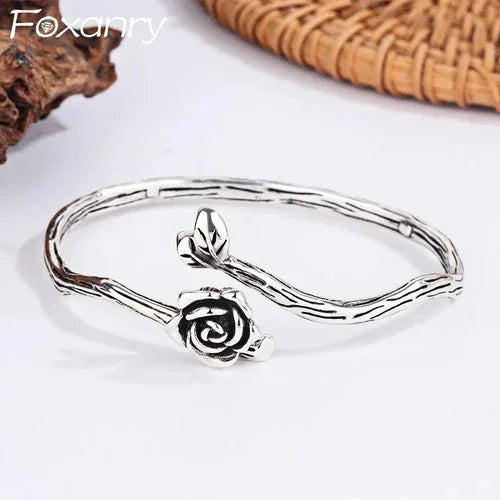 Vintage Flower Retro Rose Cuff Bangle 925 Silver Plating Women Jewelry Bracelet 07FC0E-D4 - KOEEK [1]