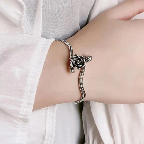 Vintage Flower Retro Rose Cuff Bangle 925 Silver Plating Women Jewelry Bracelet 07FC0E-D4 - KOEEK [6]