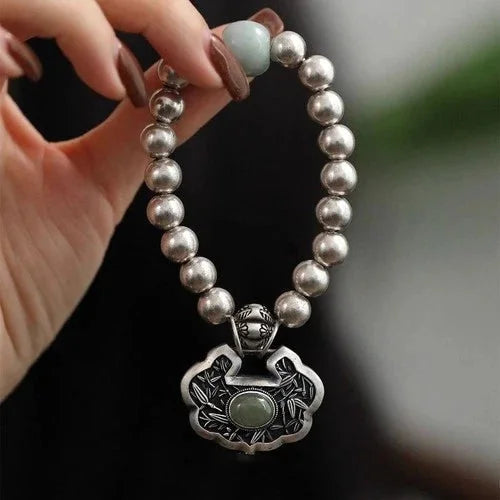 Vintage Jade Bracelet Bamboo Leaf Double Happiness Lock Beads Women Jewelry 07FC0E-D4 - KOEEK [1]