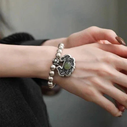 Vintage Jade Bracelet Bamboo Leaf Double Happiness Lock Beads Women Jewelry 07FC0E-D4 - KOEEK [3]