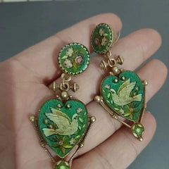 Vintage Peace Dove Earrings Heart Green Enamel Unique Retro Dangle Drops 07FC0E-D4 - KOEEK [1]