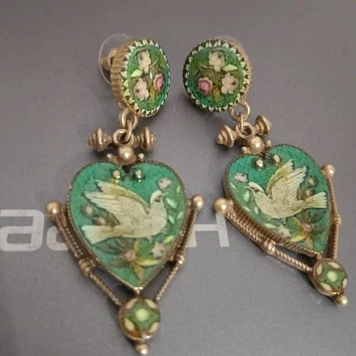 Vintage Peace Dove Earrings Heart Green Enamel Unique Retro Dangle Drops 07FC0E-D4 - KOEEK [2]