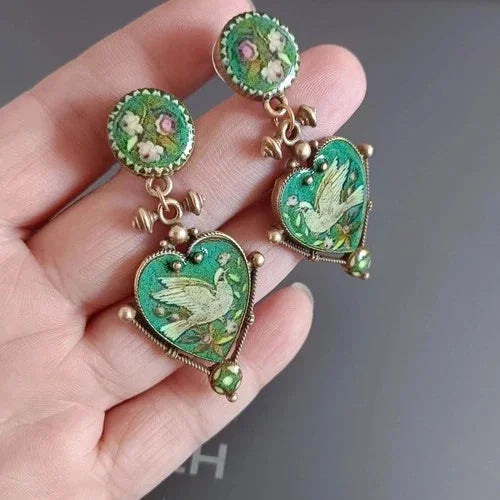 Vintage Peace Dove Earrings Heart Green Enamel Unique Retro Dangle Drops 07FC0E-D4 - KOEEK [6]