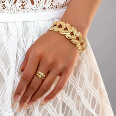 Wheat Leaf Open Cuff Bracelet Ring Set Women Jewelry Fashion Metal Set 07FC0E-D4 - KOEEK [1]