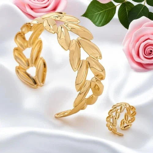 Wheat Leaf Open Cuff Bracelet Ring Set Women Jewelry Fashion Metal Set 07FC0E-D4 - KOEEK [2]