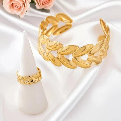 Wheat Leaf Open Cuff Bracelet Ring Set Women Jewelry Fashion Metal Set 07FC0E-D4 - KOEEK [4]