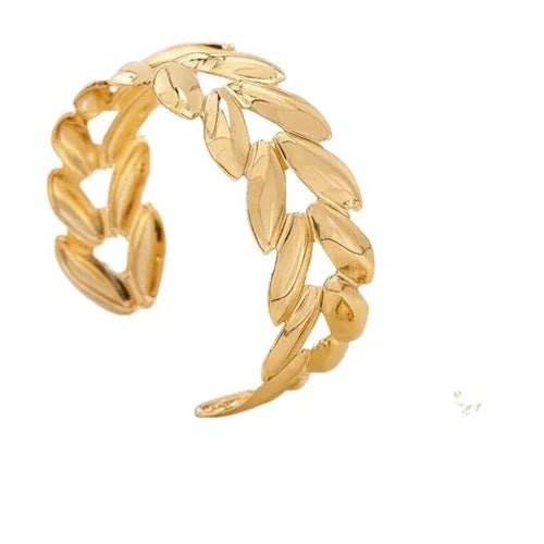 Wheat Leaf Open Cuff Bracelet Ring Set Women Jewelry Fashion Metal Set 07FC0E-D4 - KOEEK [5]