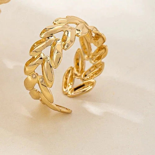 Wheat Leaf Open Cuff Bracelet Ring Set Women Jewelry Fashion Metal Set 07FC0E-D4 - KOEEK [6]