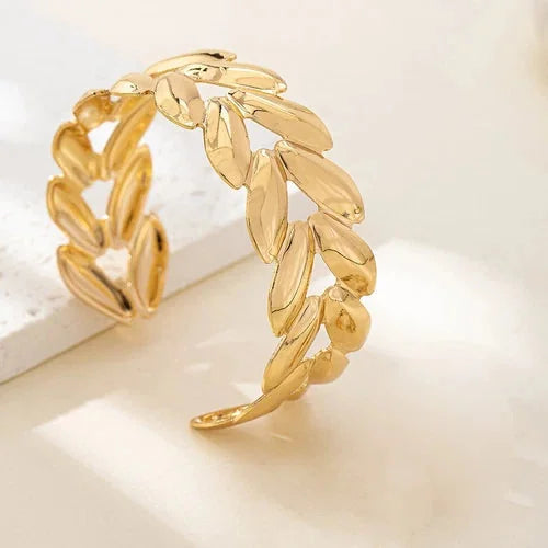 Wheat Leaf Open Cuff Bracelet Ring Set Women Jewelry Fashion Metal Set 07FC0E-D4 - KOEEK [7]