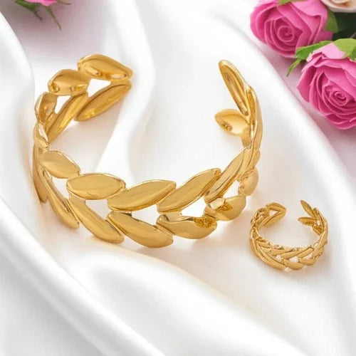Wheat Leaf Open Cuff Bracelet Ring Set Women Jewelry Fashion Metal Set 07FC0E-D4 - KOEEK [8]