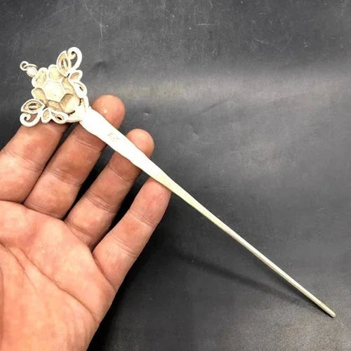 White Jade Inlaid Old Tibetan Silver Hairpin,Chinese Old Craft Made 07FC0E-D4 - KOEEK [2]