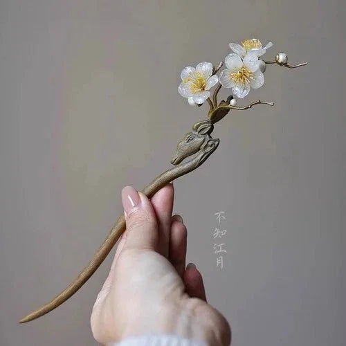 White Plum Blossom Hairpin Wooden Hanfu Hair Stick Chinese Style Women Gift 07FC0E-D4 - KOEEK [1]