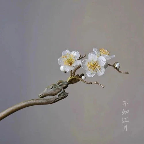 White Plum Blossom Hairpin Wooden Hanfu Hair Stick Chinese Style Women Gift 07FC0E-D4 - KOEEK [4]