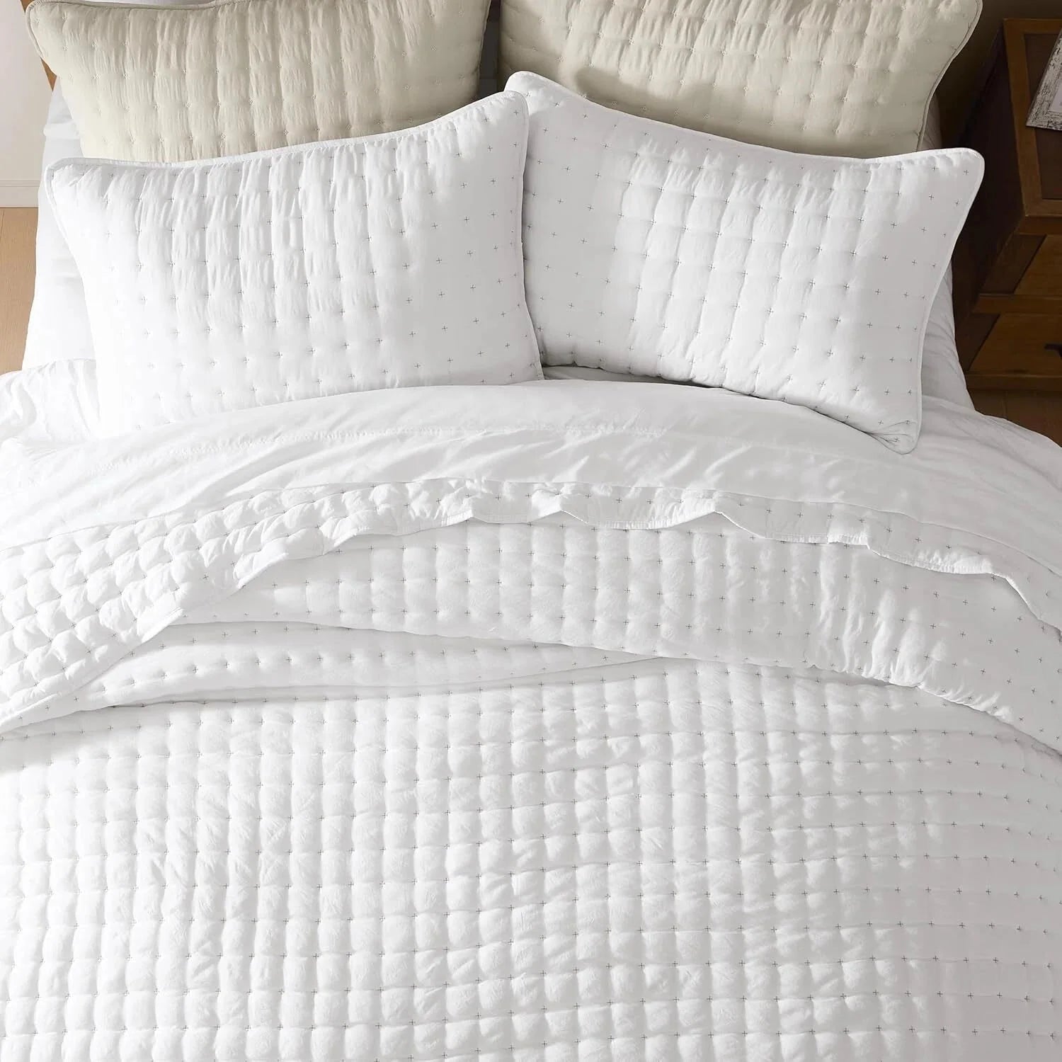White Queen Size Quilt Bedding Sets with Pillow Shams,Lightweight Soft Bedspread 07FC0E-D4 - KOEEK [3]