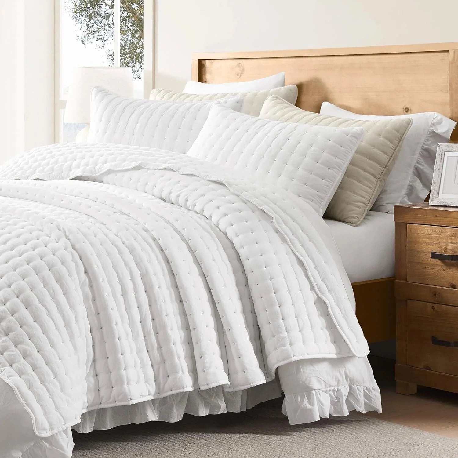 White Queen Size Quilt Bedding Sets with Pillow Shams,Lightweight Soft Bedspread 07FC0E-D4 - KOEEK [4]