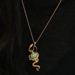Wome Vintage Brass Snake Blue Stone Pendant Brooch Necklace Girl Gift 07FC0E-D4 - KOEEK [2]