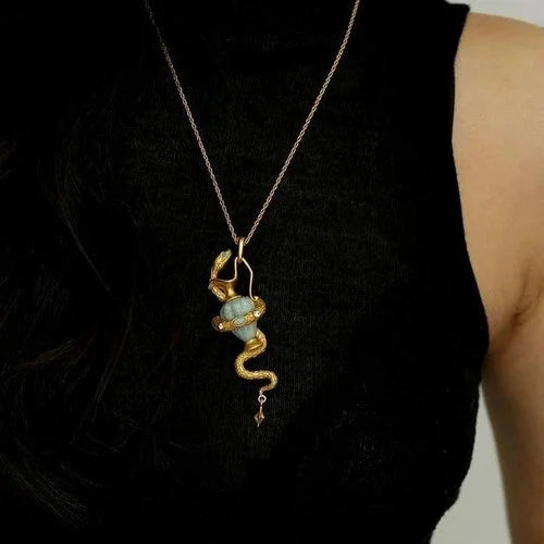 Wome Vintage Brass Snake Blue Stone Pendant Brooch Necklace Girl Gift 07FC0E-D4 - KOEEK [4]