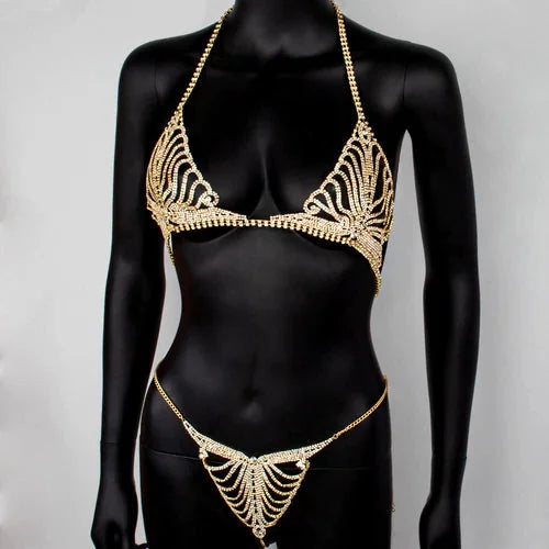 Women's Rhinestone Chain Lingerie Bra Thong Set Bikini Body Jewelry Chain Gift！！ 07FC0E-D4 - KOEEK [8]