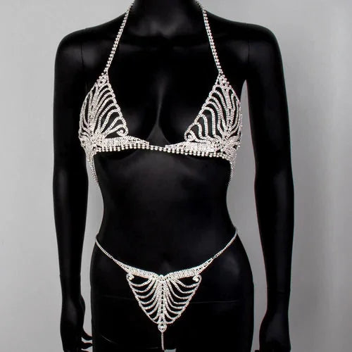 Women's Rhinestone Chain Lingerie Bra Thong Set Bikini Body Jewelry Chain Gift！！ 07FC0E-D4 - KOEEK [9]