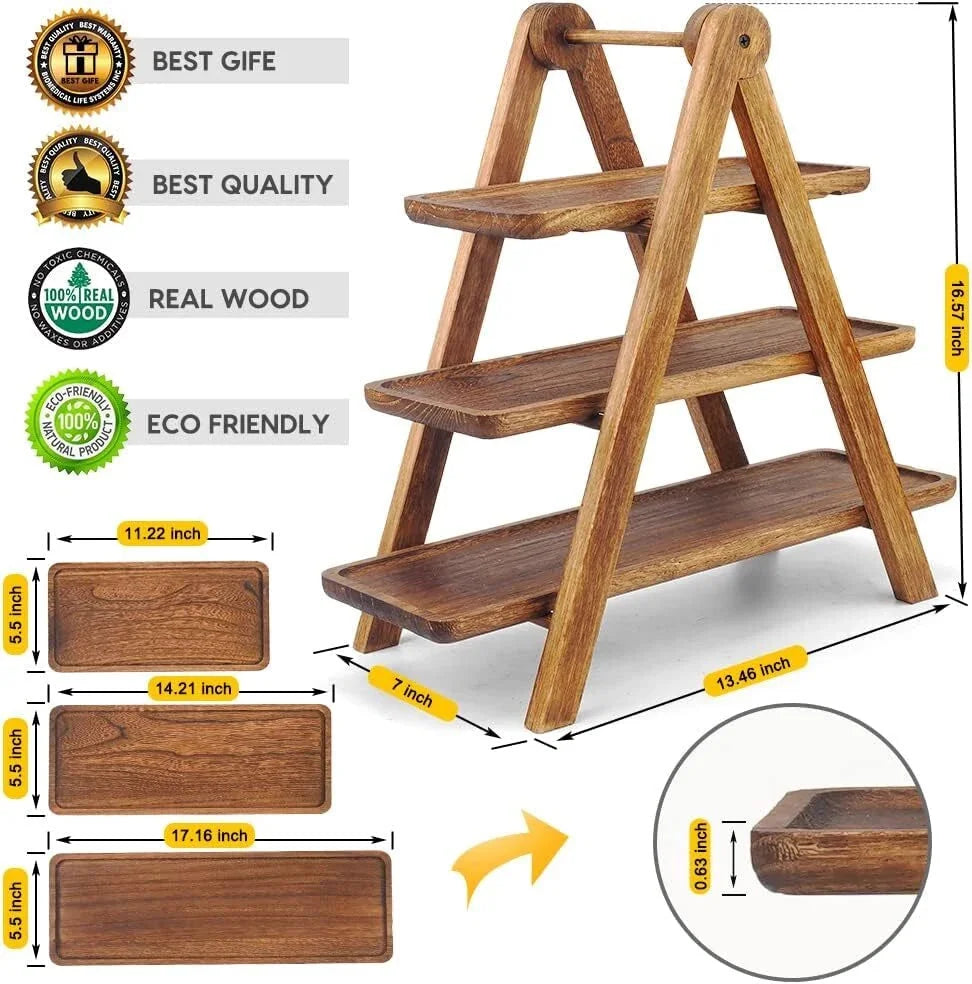 Wood 3 Tier Serving Tray Three Tiered Cupcake Stand, Rectangle Serving Platter 07FC0E-D4 - KOEEK [4]
