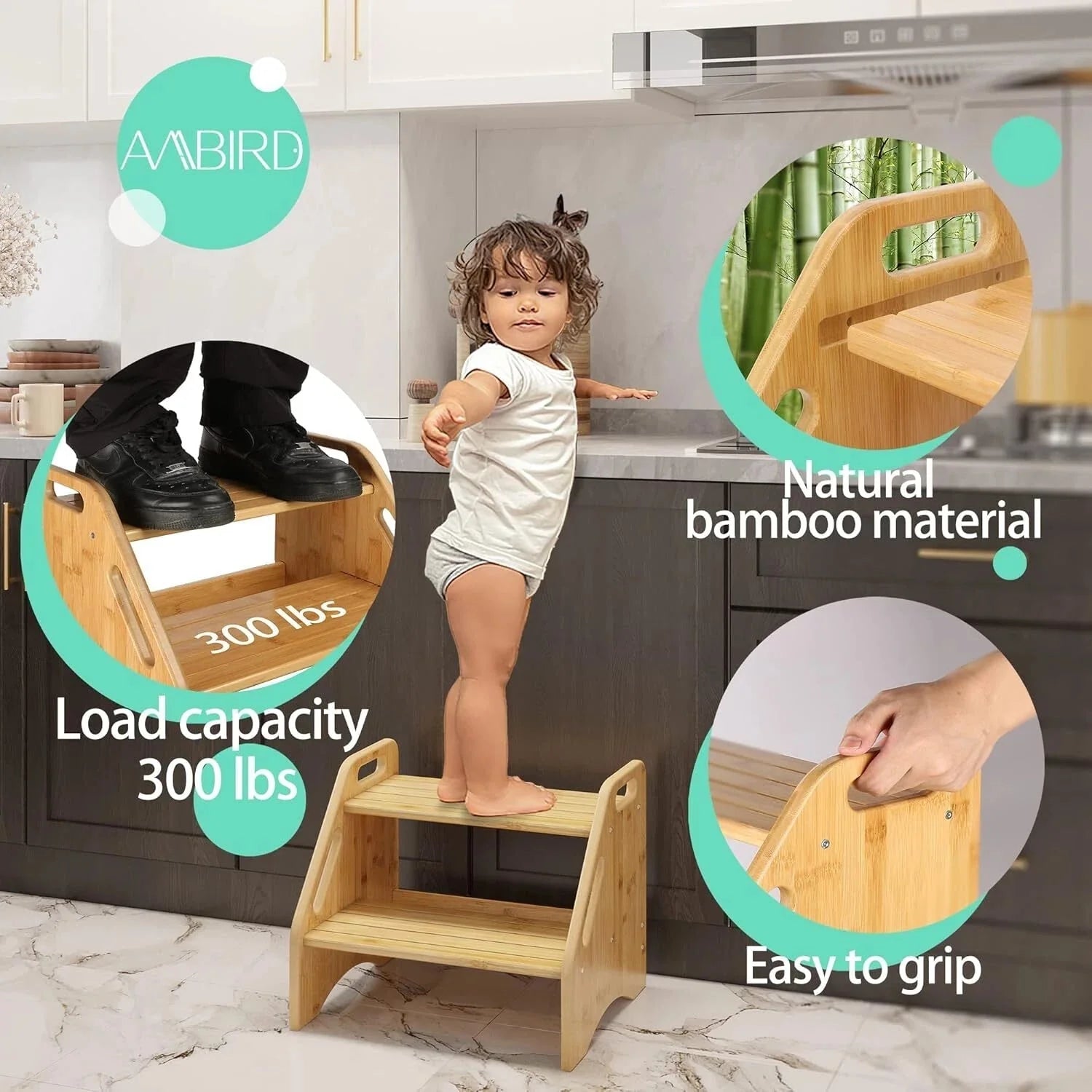 Wooden Step Stool, Two Step Stools, 300 lb. Load Capacity, (Natural) 07FC0E-D4 - KOEEK [3]