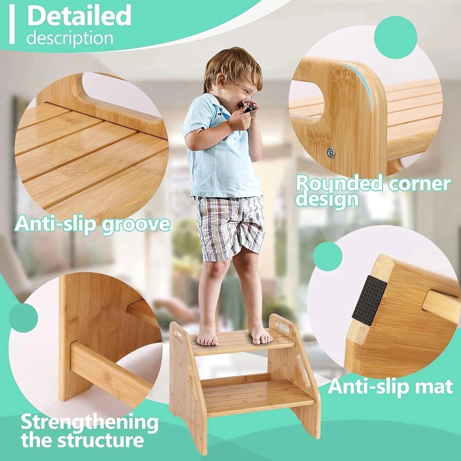 Wooden Step Stool, Two Step Stools, 300 lb. Load Capacity, (Natural) 07FC0E-D4 - KOEEK [4]