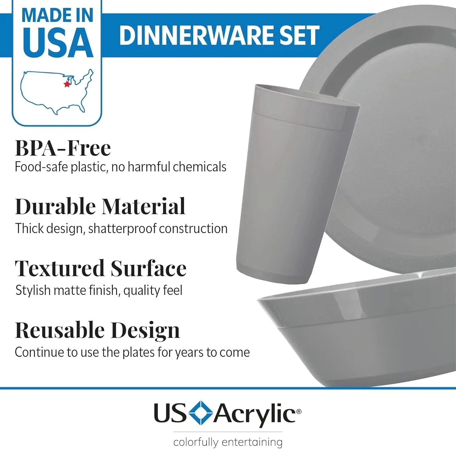 port Plastic Plate,Bowl and Tumbler Dinnerware Set for 4 in Grey Stone|12-Pic 07FC0E-D4 - KOEEK [3]