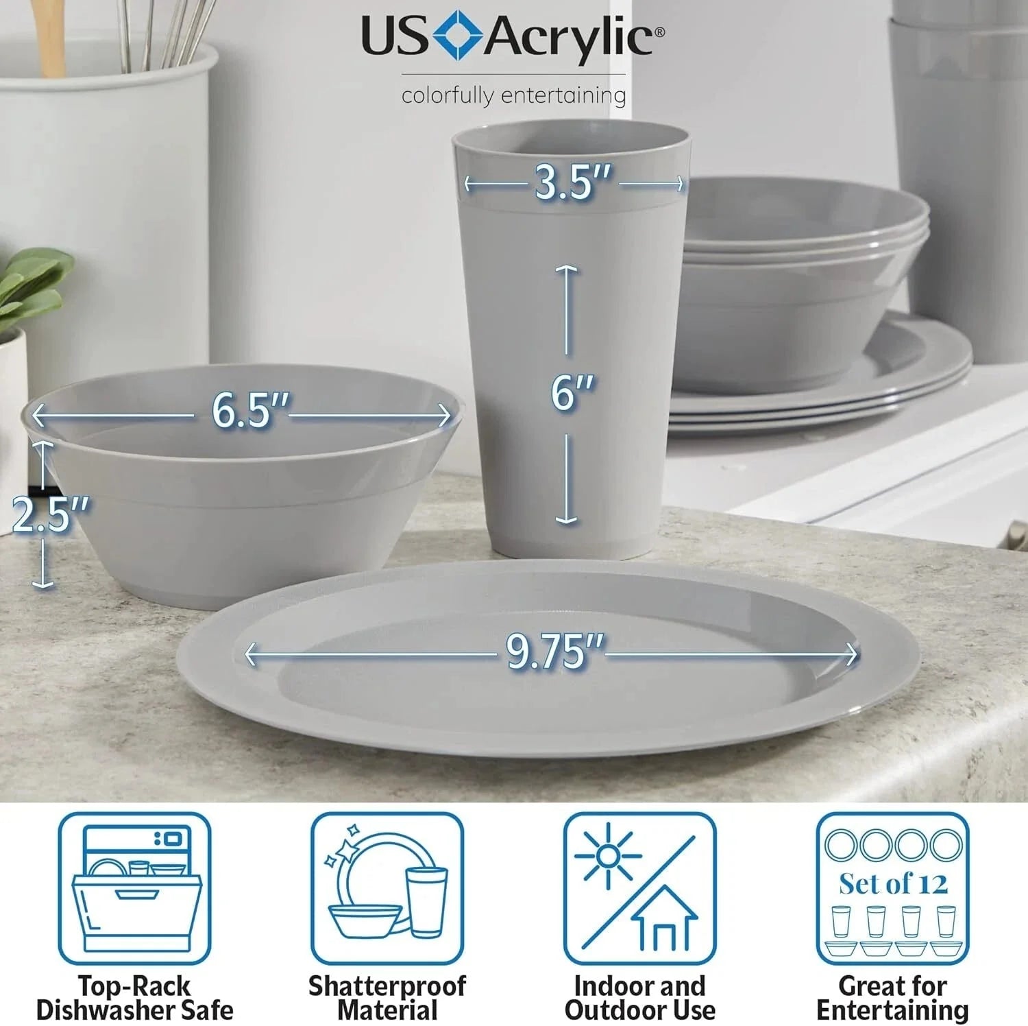 port Plastic Plate,Bowl and Tumbler Dinnerware Set for 4 in Grey Stone|12-Pic 07FC0E-D4 - KOEEK [4]