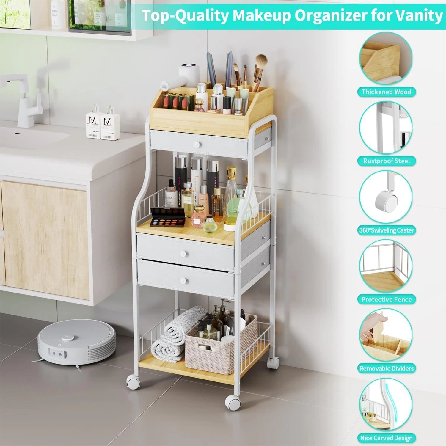 Floor Standing Makeup Organizer - Skin Care Organizer and Storage with Drawers 07FC0E-D4 - KOEEK