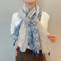 Womens White Blue Geometric Floral Yarn Scarf Tassel Shawl Spring Pashmina Cape 07FC0E-D4 - KOEEK