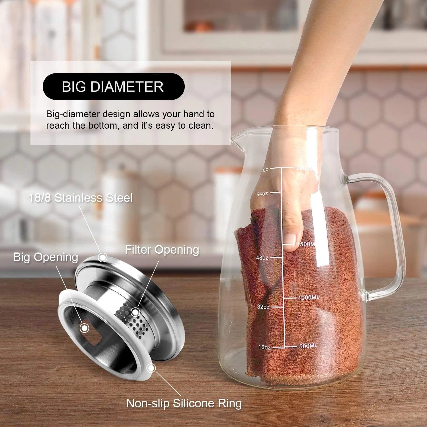 Glass Pitcher,68oz Water Pitcher with Lid and Precise Scale Line,18/8 Stainless 07FC0E-D4 - KOEEK