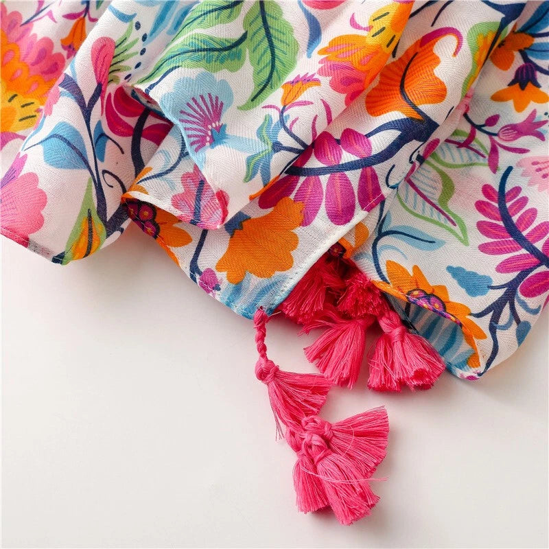 Womens Garden Floral Shawl Tassel Colorful Beach Vacation Pashmina Wrap Scarf 07FC0E-D4 - KOEEK