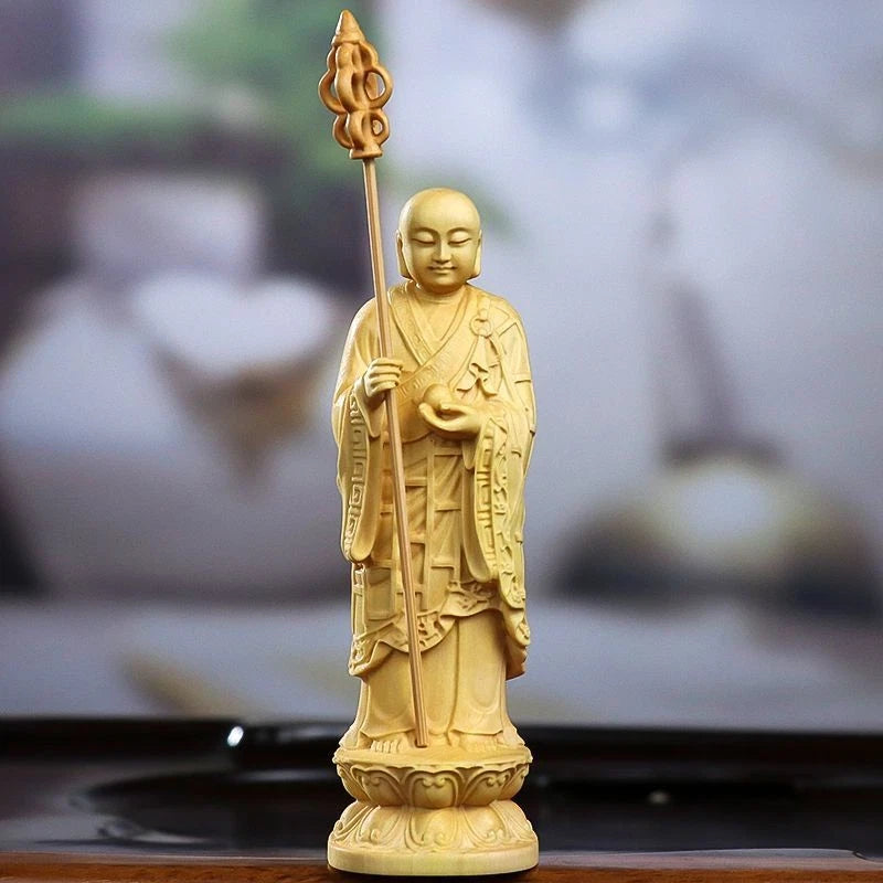 10cm Boxwood Ksitigarbha Bodhisattva Statue Wooden Home Altar Decor Figurine 07FC0E-D4 - KOEEK