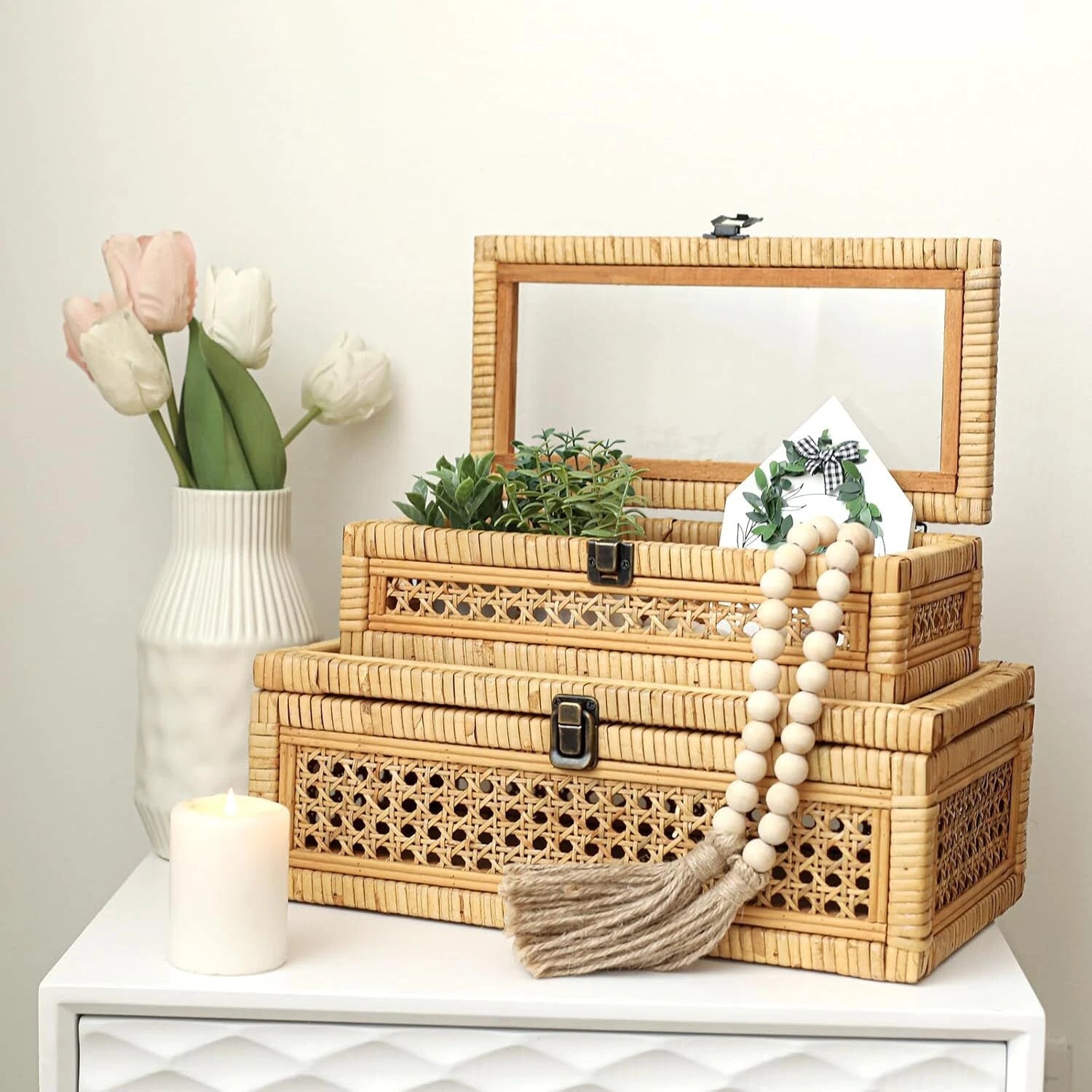 Rattan Strip Stacking Box with Glass Top - Set of 2 07FC0E-D4 - KOEEK