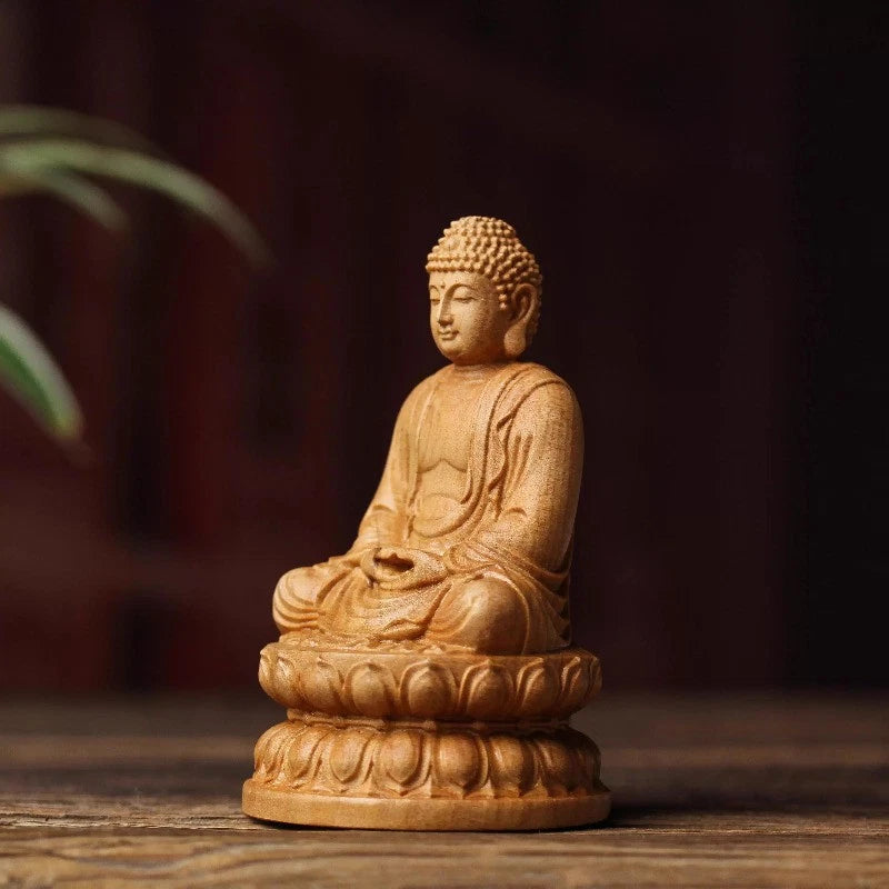 8cm Tathagata Buddha Statue Cliff Cypress Wood Handmade Carve Handicraft 07FC0E-D4 - KOEEK
