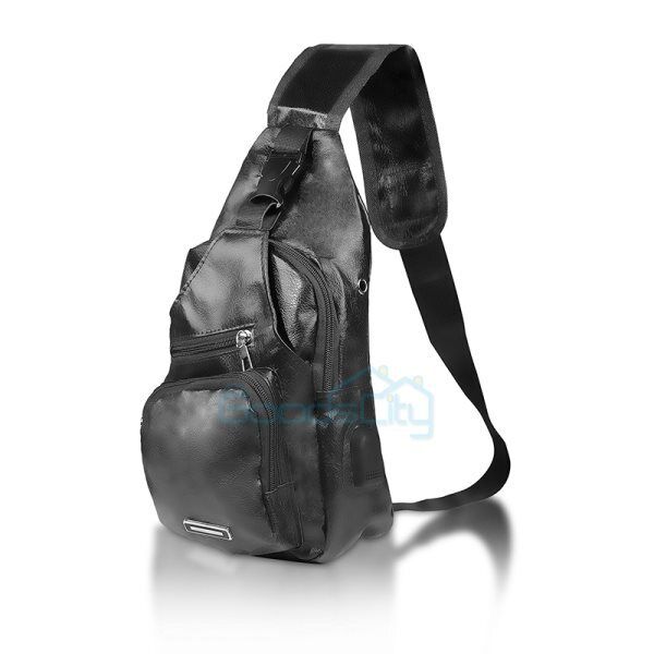 ny Mochila bandolera for hombre Bolso cruzado de cuero PU en el pecho Carga USB