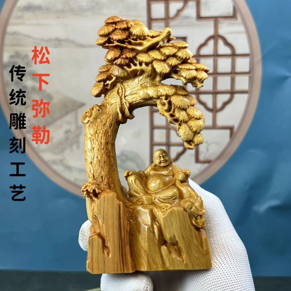Cai Bai Wood Carved Laughing Buddha Figurine Under Tree Home Décor Chinese Style 07FC0E-D4 - KOEEK