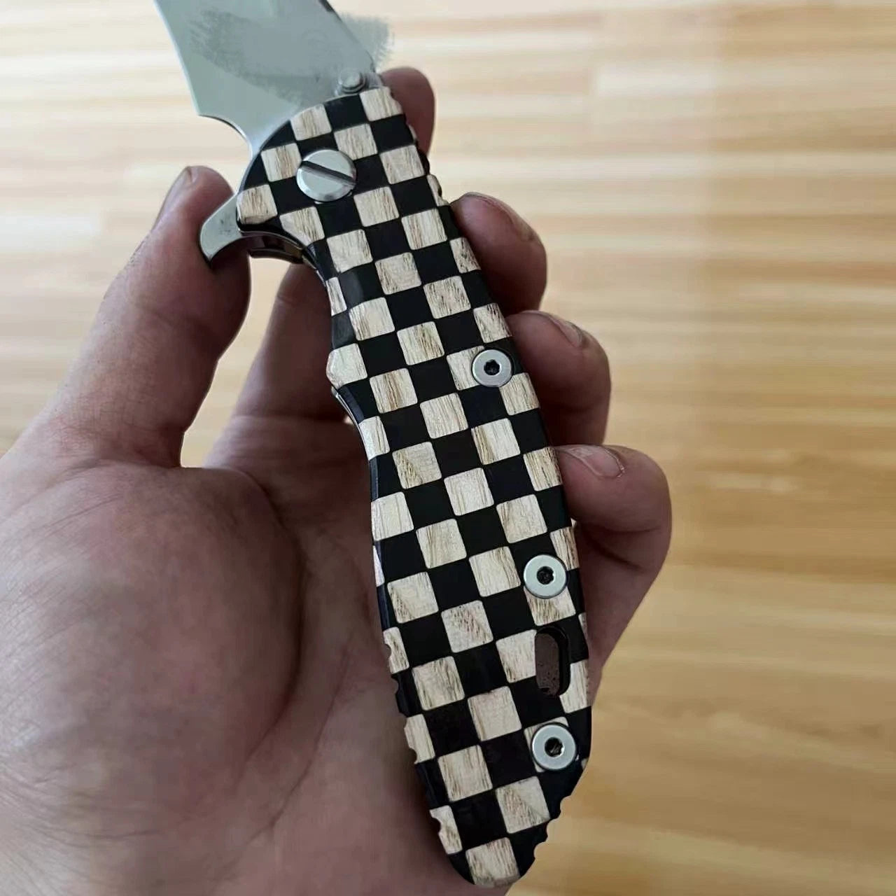 1 PC Wooden inlaid checkerboard pattern Handle Scale for Rick Hinderer XM18 3.5” 07FC0E-D4 - KOEEK