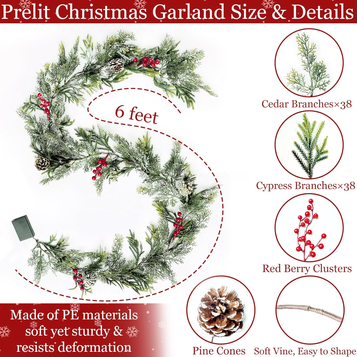 6FT Flocked Cedar Garland with Lights Timer, Pre-Lit Christmas Garland Pinecones 07FC0E-D4 - KOEEK