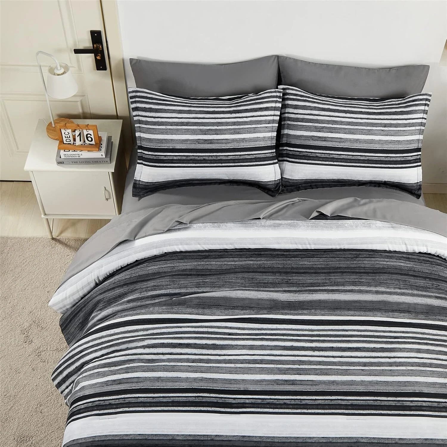 7-Piece Bagged Striped Queen Comforter Set, All Seasons (Gray, Queen) 07FC0E-D4 - KOEEK