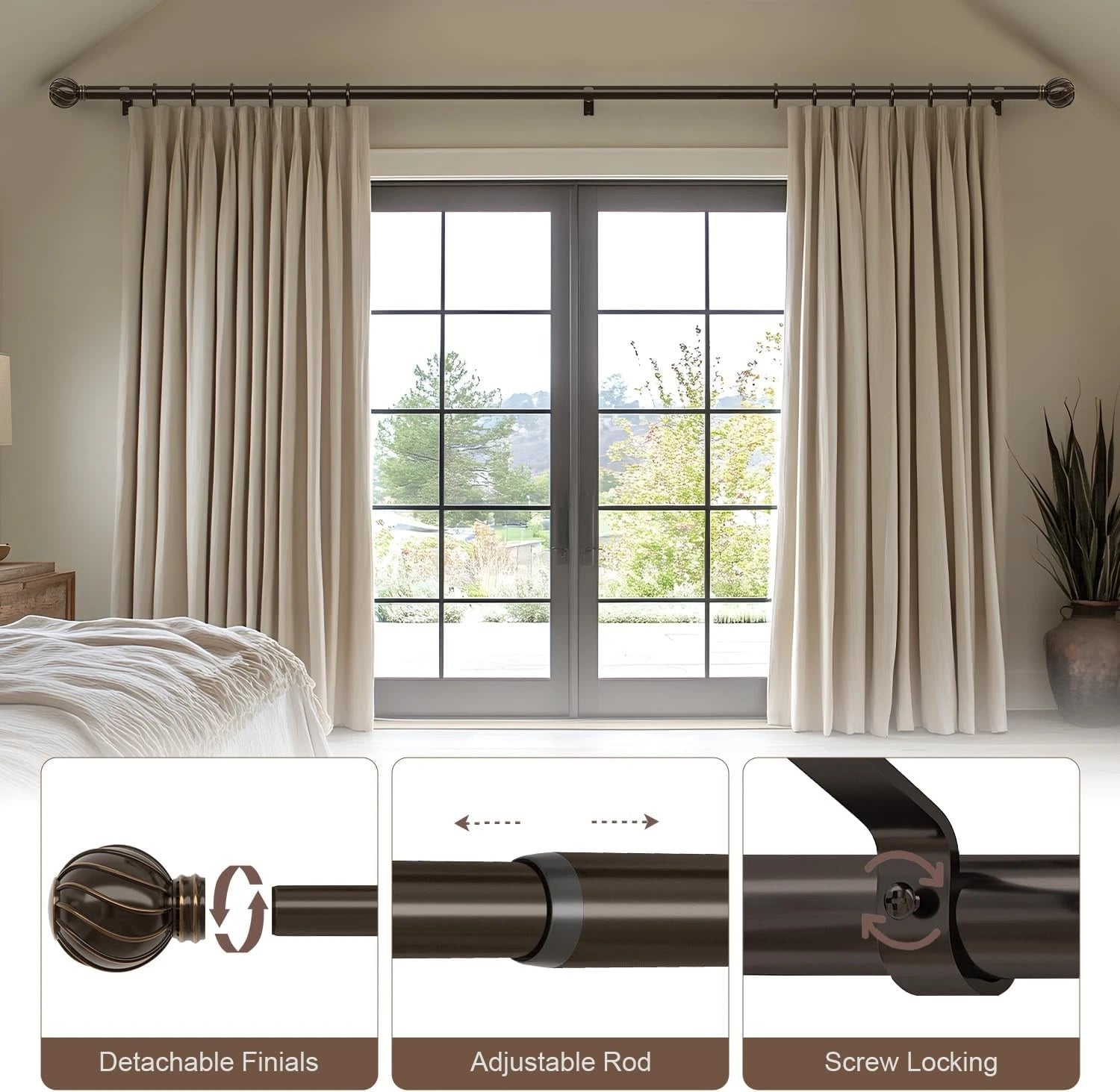 Brown curtain rod, suitable for windows ranging from 66 to 120 inches. 07FC0E-D4 - KOEEK