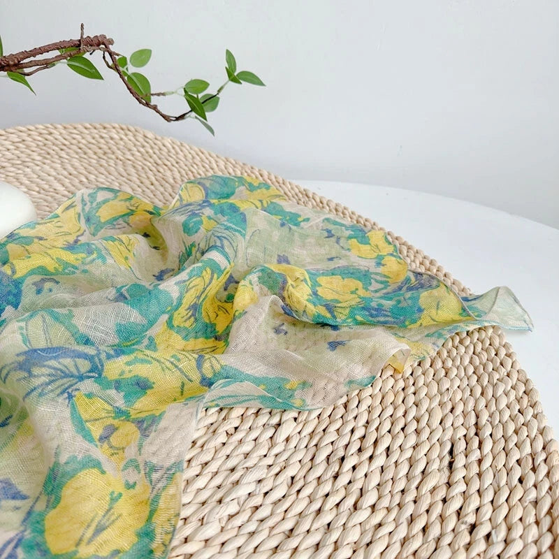 Womens  Linen Floral Print Necktie Bandana Thin Neckerchief Scarf Accessory 07FC0E-D4 - KOEEK