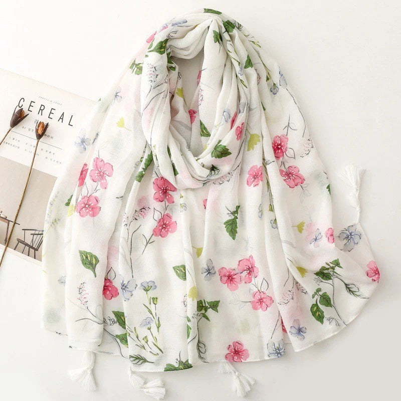 Women White Garden Floral Stole Scarf Summer Spring Soft Breathable Thin Shawl 07FC0E-D4 - KOEEK
