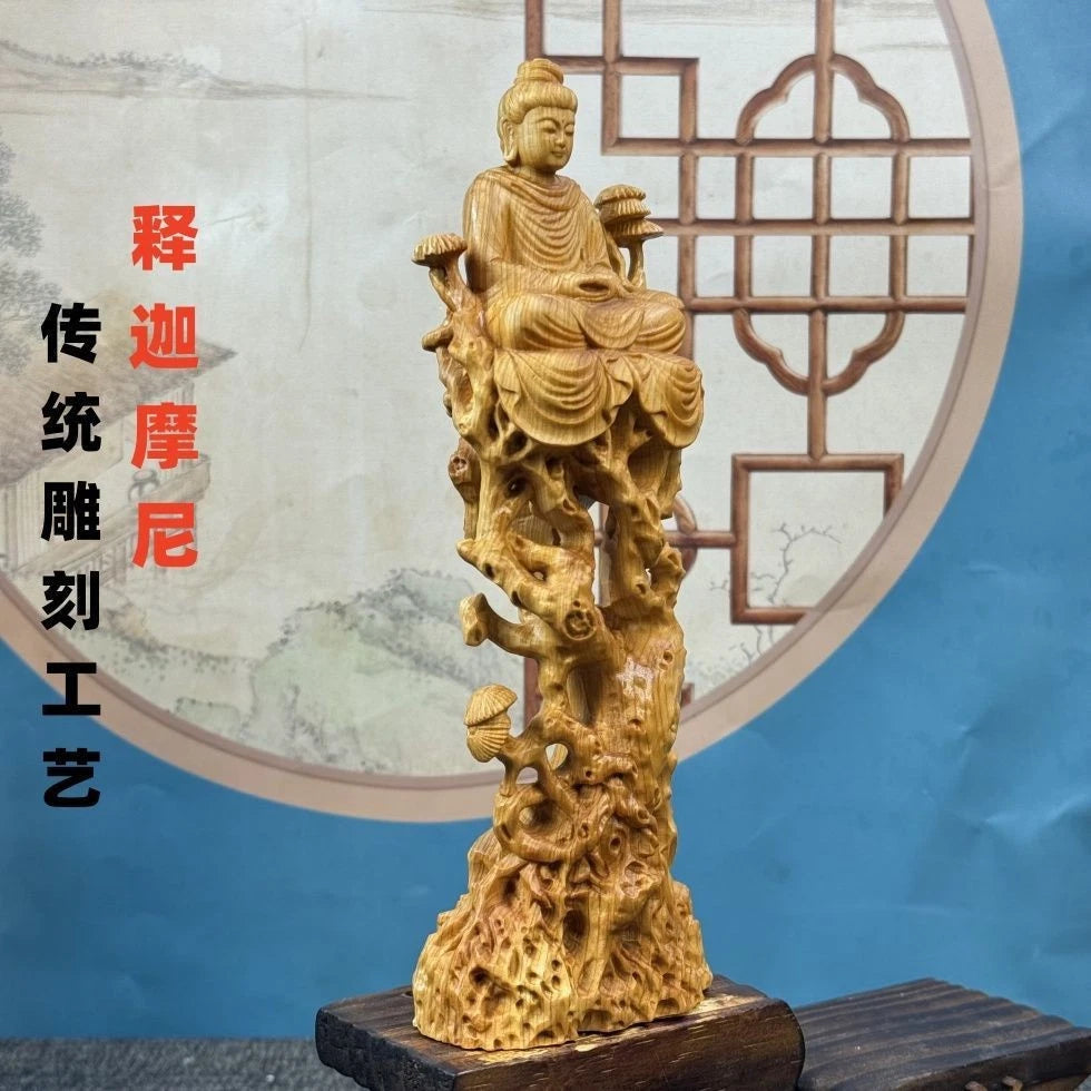 Cai Bai Wood Carved Sitting Buddha Figurine Home Décor Handicraft Wooden Statue 07FC0E-D4 - KOEEK