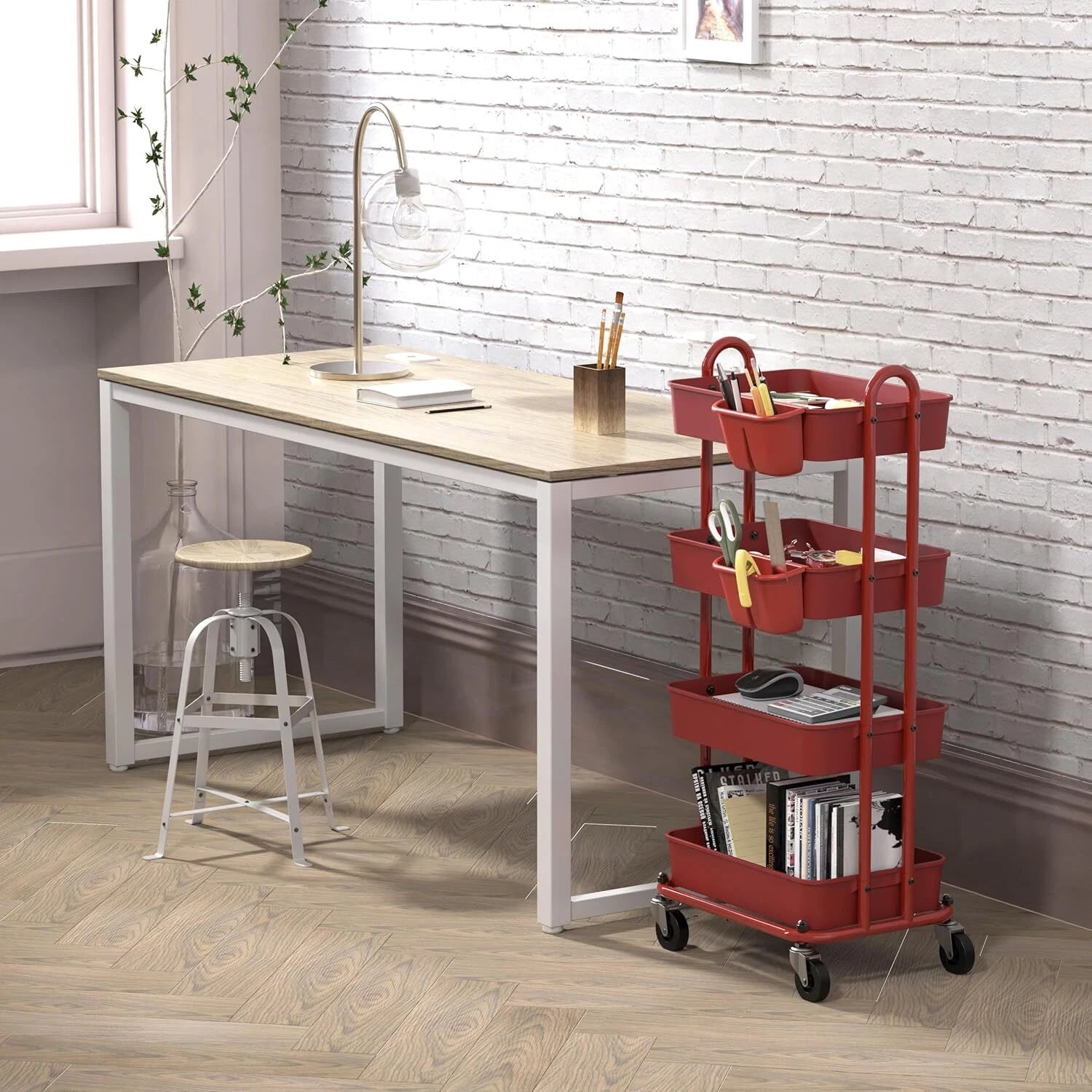 4-Tier Multi-Purpose Rolling Utility Cart with Bucket, Red 07FC0E-D4 - KOEEK
