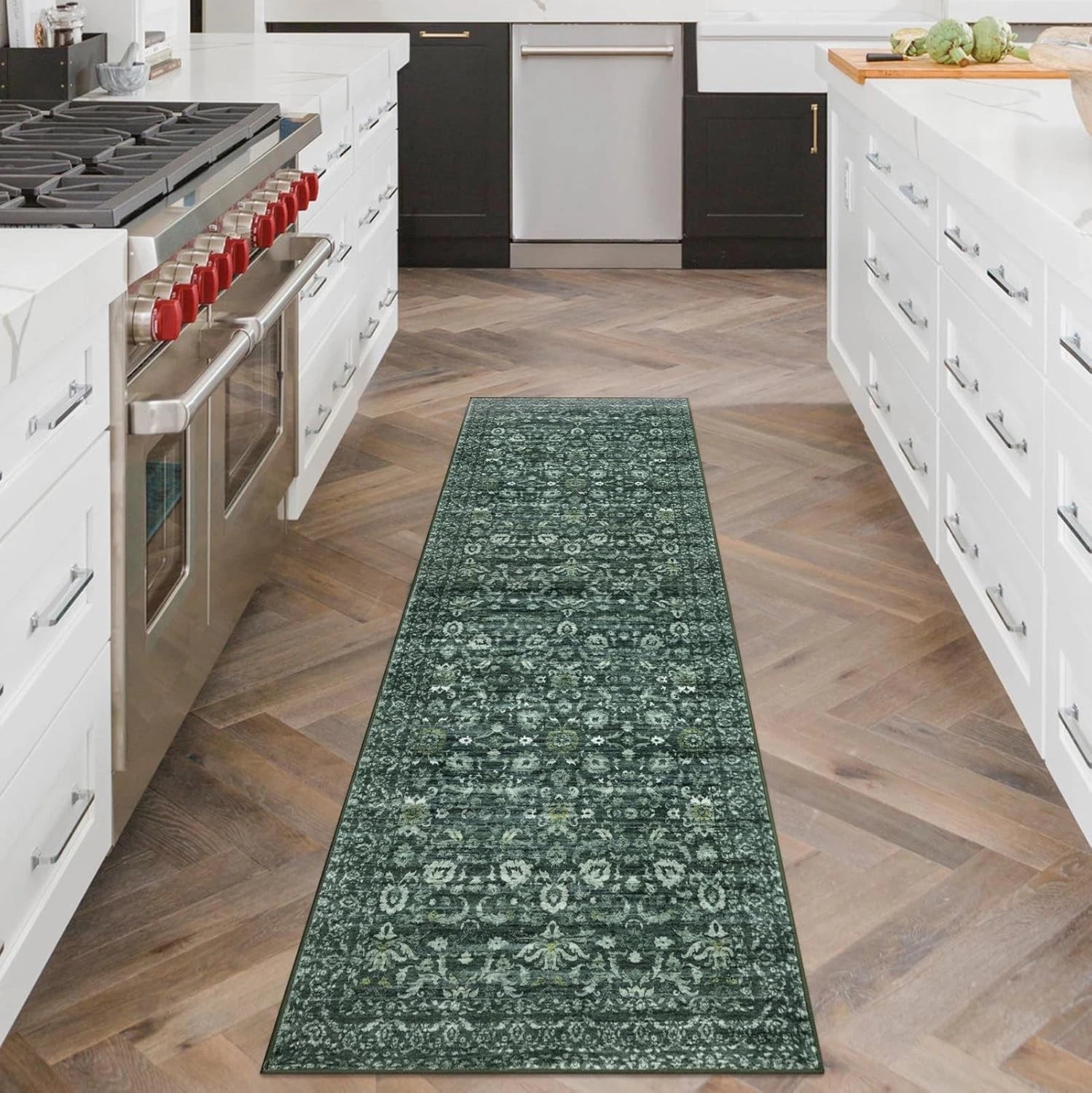 Vintage Floral 2x6 Rug, Dark Green Machine Washable Kitchen Rug 07FC0E-D4 - KOEEK