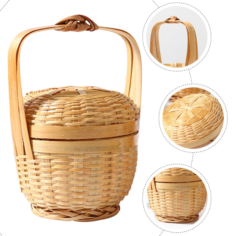 ny Bamboo Mini Basket Desktop Oppbevaring Vevde Kurver for med Lokk Portable