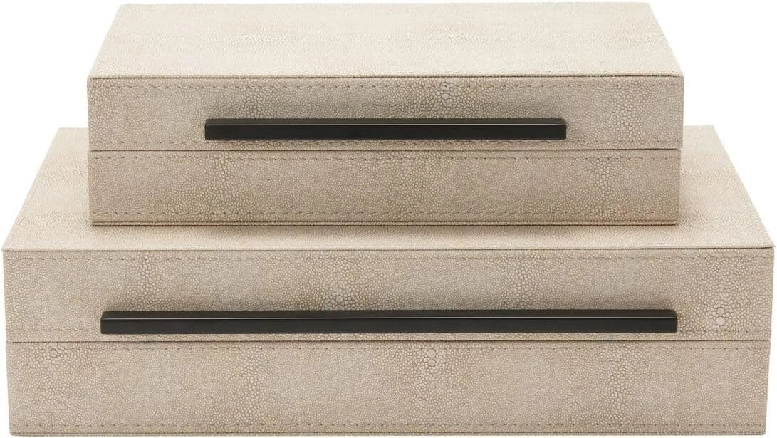 Set of 2 Ivory Sagarin Decorative Boxes with Black Metal Handles 07FC0E-D4 - KOEEK