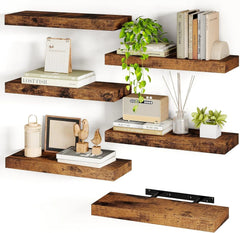 15.8-Inch Floating Shelf, Set of 6 Wooden Shelves, (Rustic Brown) 07FC0E-D4 - KOEEK