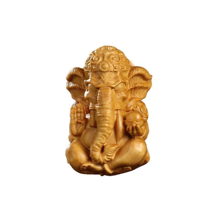 Boxwood Carved Elephant God Figurine Keychain Pendant Wood Statue Car Hanging 07FC0E-D4 - KOEEK